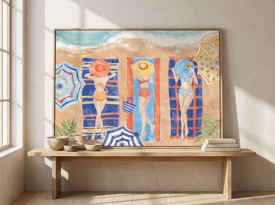 Canvas wall art with a natural timber surround standing on a bench in a warm Japandi bedroom