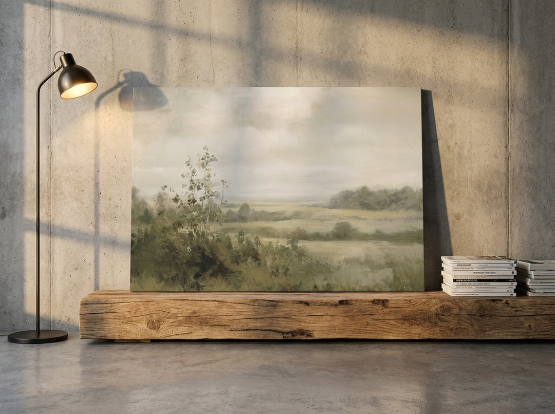Stretched canvas wall art standing on a bench in an industrial loft home office