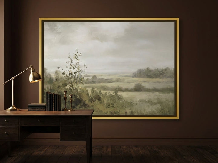 Canvas wall art with a gold leaf surround styled on the wall in a moody home office