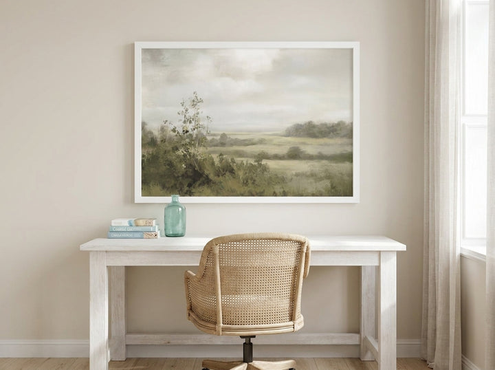 Modern wall art print styled on the wall in a coastal home office