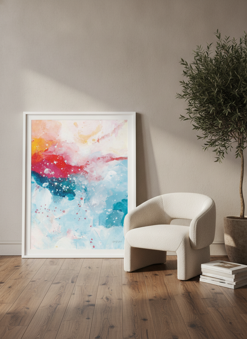 Oversized statement modern wall art print leaning against the wall in a luxe dining room