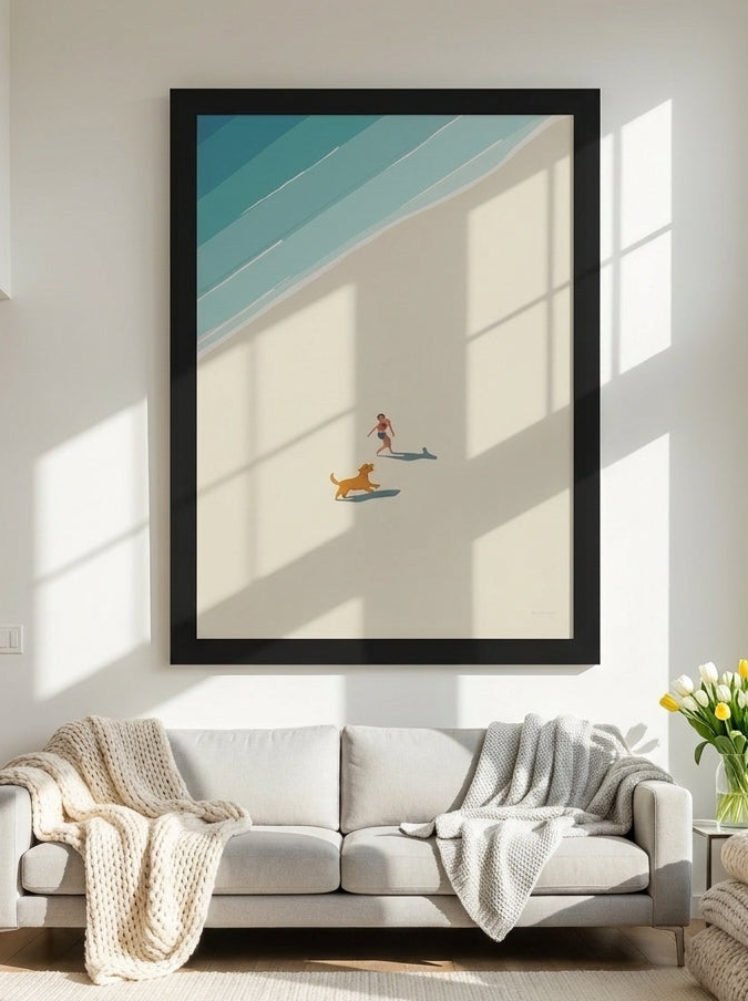 Oversized statement modern wall art print styled on the wall in a bright Scandinavian living room