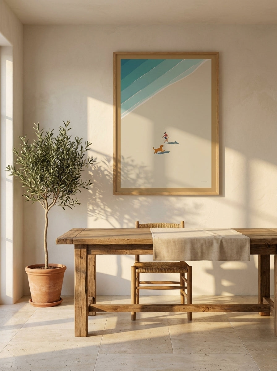 Modern wall art print styled on the wall in a Mediterranean home office
