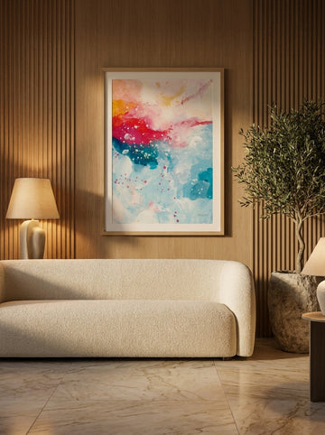 Modern wall art print styled on the wall in a luxe living room