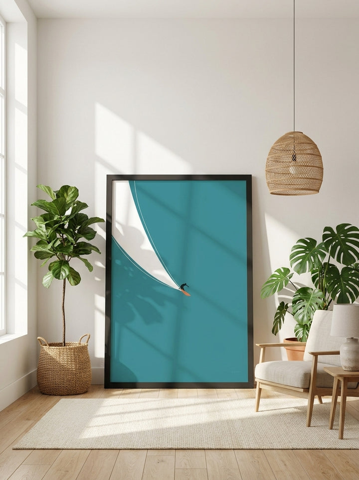 Oversized statement modern wall art print leaning against the wall in a bright Scandinavian living room