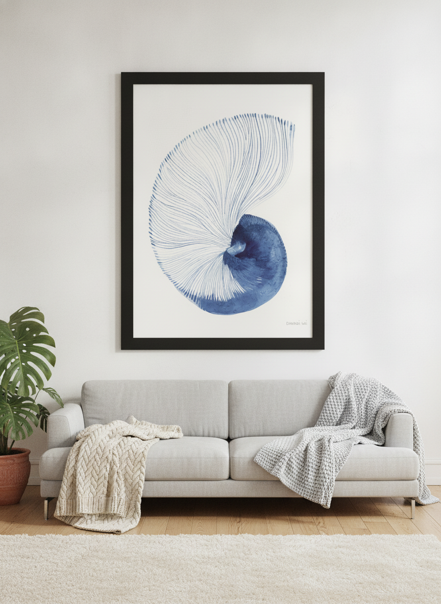 Oversized statement modern wall art print styled on the wall in a bright Scandinavian living room