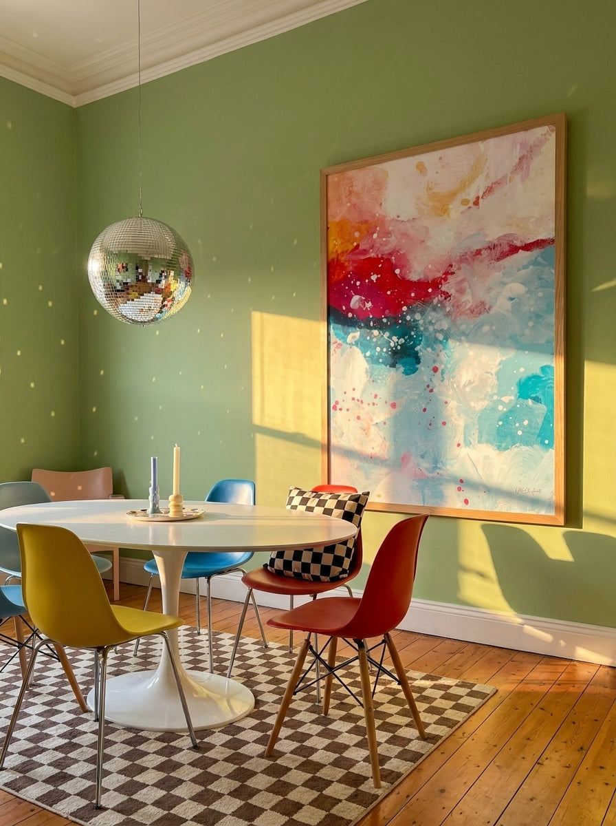 Oversized statement modern wall art print styled on the wall in a colourful eclectic dining room