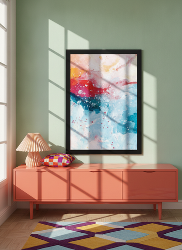 Modern wall art print standing on a sideboard in a colourful eclectic bedroom