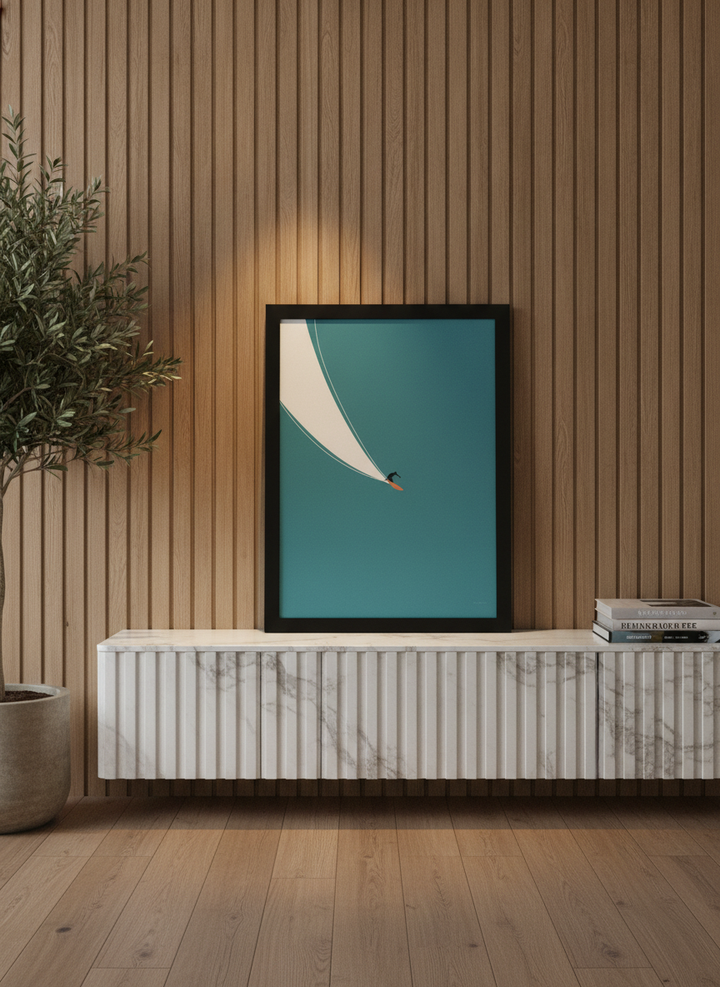 Modern wall art print standing on a sideboard in a luxe bathroom