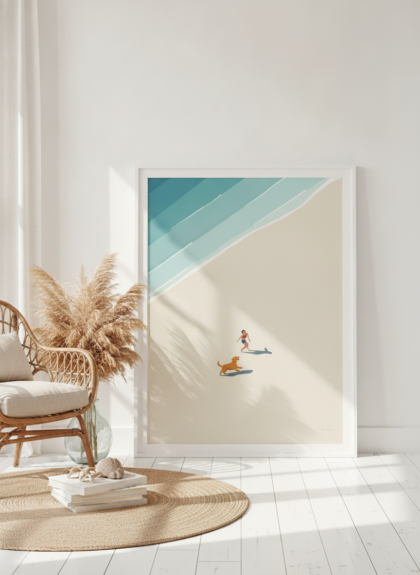 Oversized statement modern wall art print leaning against the wall in a coastal dining room
