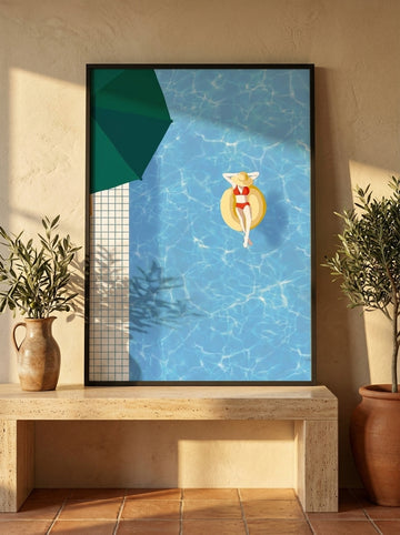Modern wall art print standing on a kitchen bench in a Mediterranean kitchen