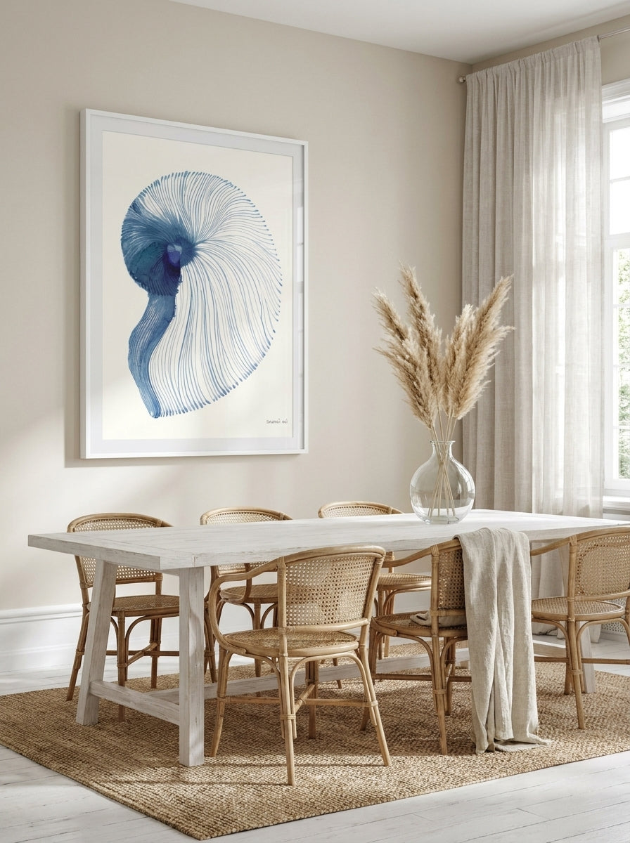 Oversized statement modern wall art print styled on the wall in a coastal dining room