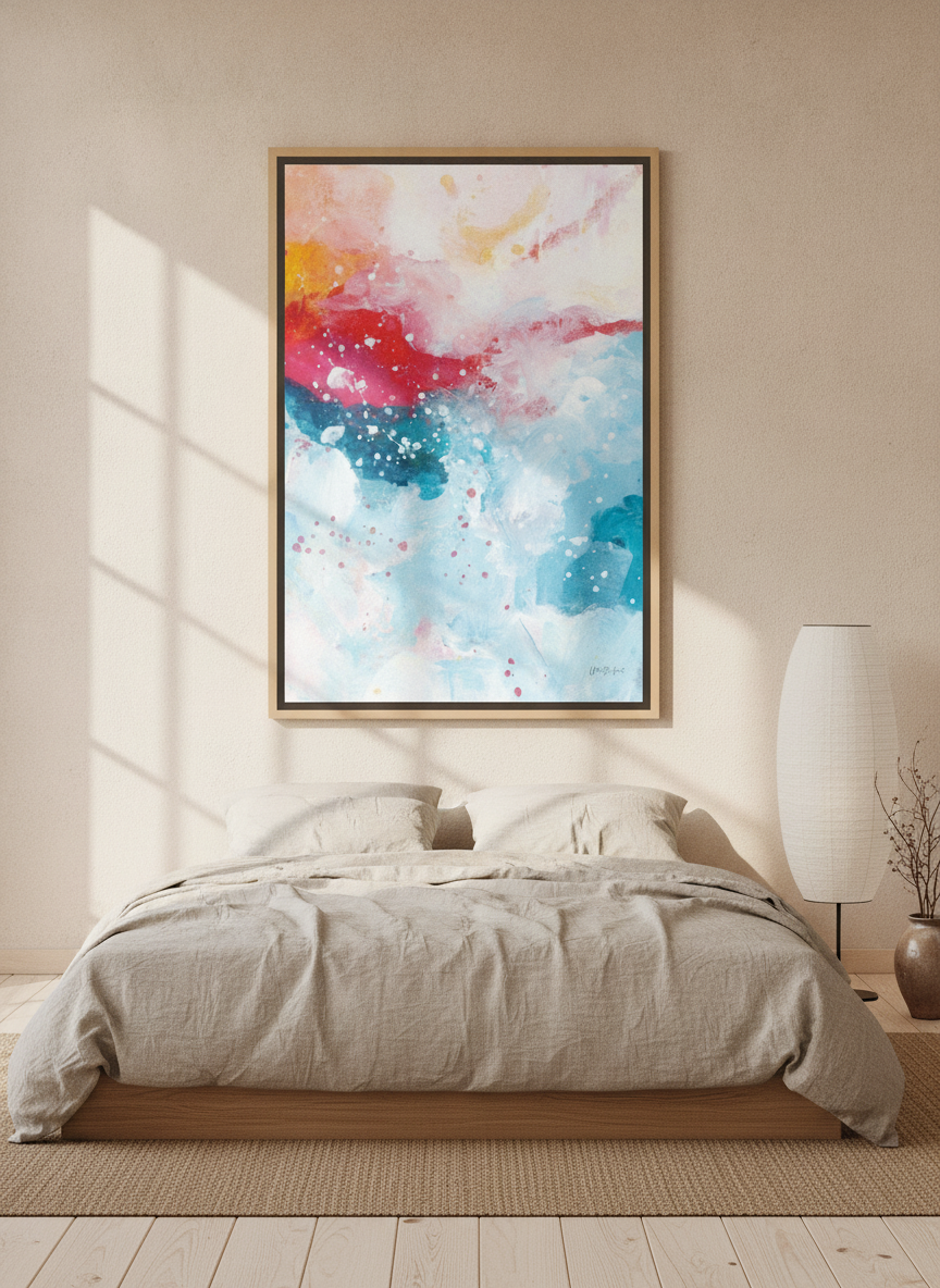 Canvas wall art with a natural timber surround styled on the wall in a warm Japandi bedroom
