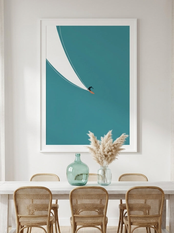 Oversized statement modern wall art print styled on the wall in a coastal dining room