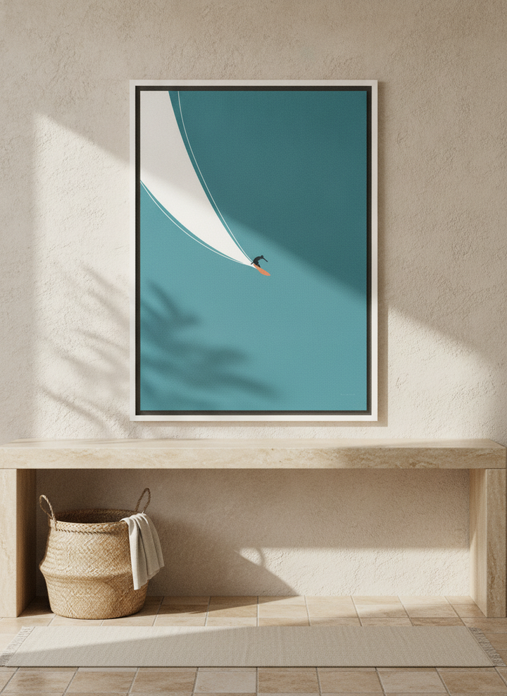 Canvas wall art with a white surround standing on a console in a Mediterranean bathroom