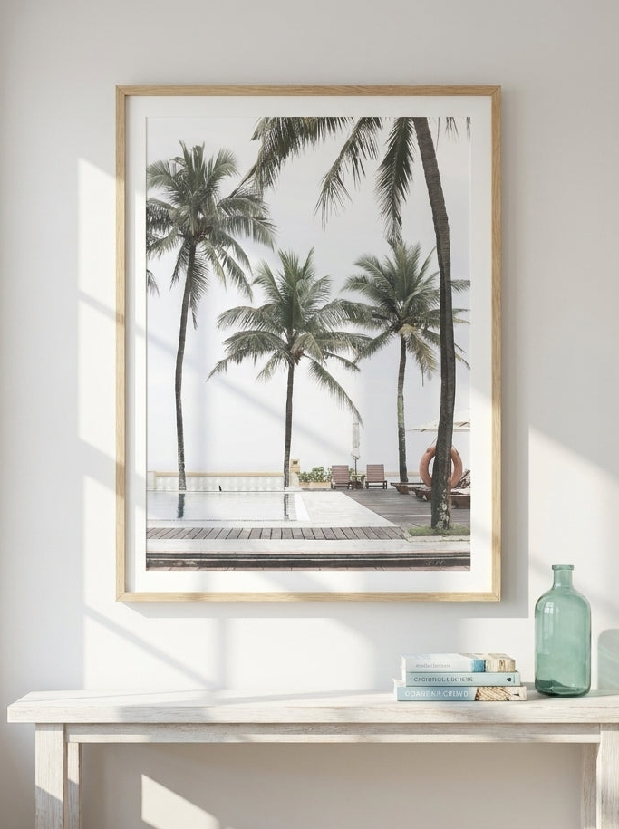 Modern wall art print styled on the wall in a coastal living room