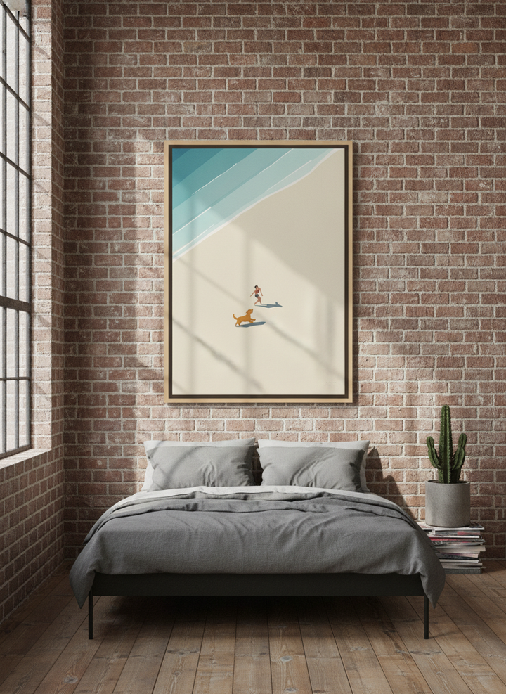 Oversized statement canvas wall art with a natural timber surround styled on the wall in an industrial loft bedroom