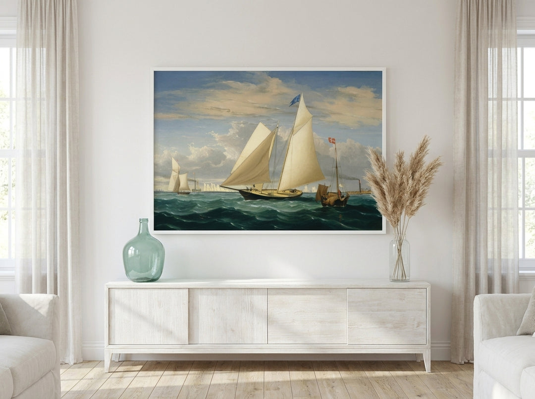 Oversized statement modern wall art print styled on the wall in a coastal living room
