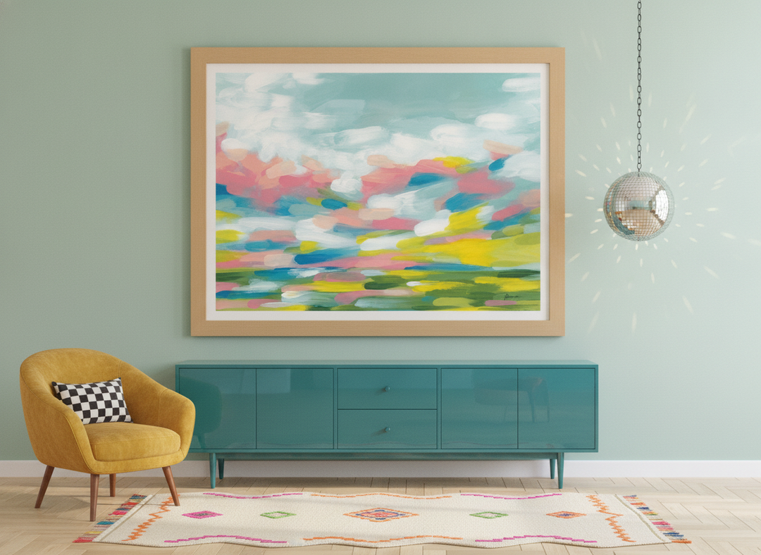 Modern wall art print styled on the wall in a colourful eclectic living room