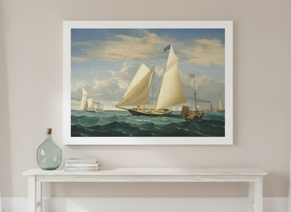 Oversized statement modern wall art print styled on the wall in a coastal living room