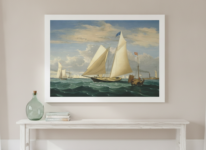 Oversized statement modern wall art print styled on the wall in a coastal living room