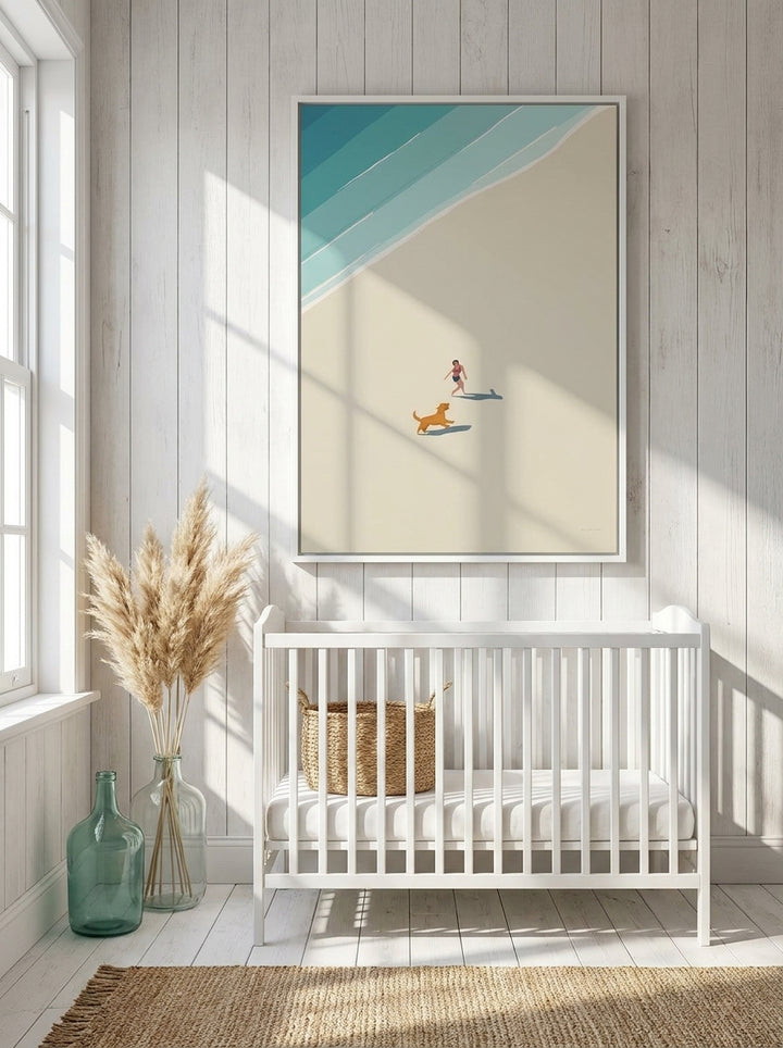 Canvas wall art with a white surround styled on the wall in a coastal nursery