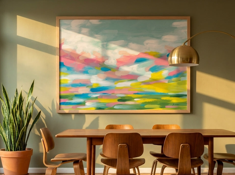 Oversized statement modern wall art print styled on the wall in a mid-century dining room