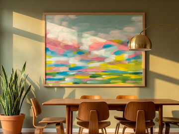 Oversized statement modern wall art print styled on the wall in a mid-century dining room