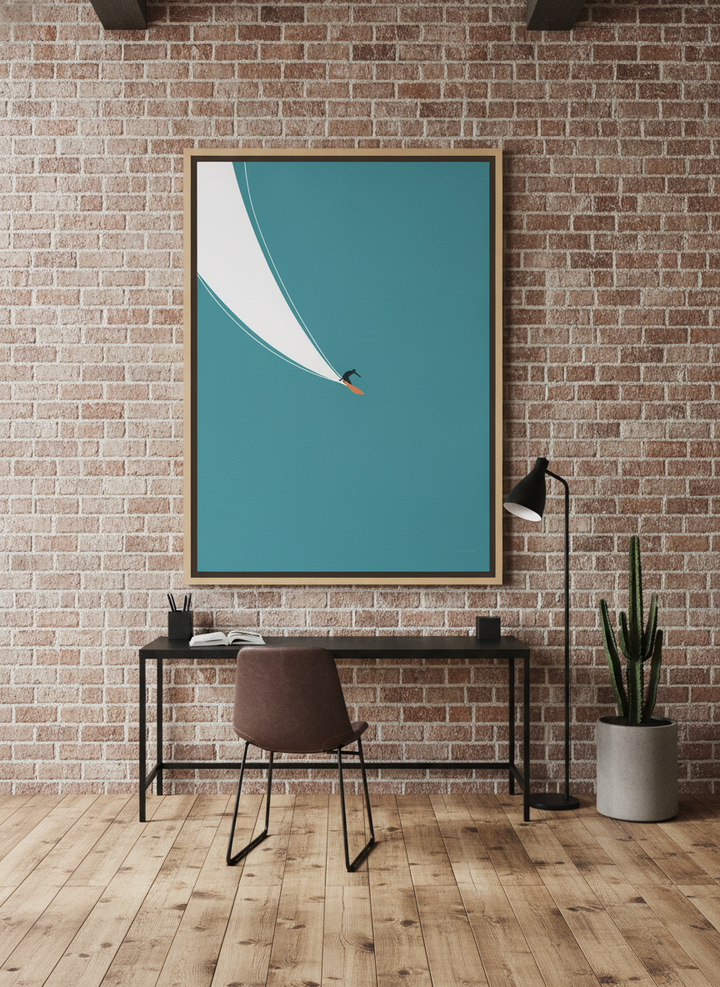 Oversized statement canvas wall art with a natural timber surround styled on the wall in an industrial loft home office