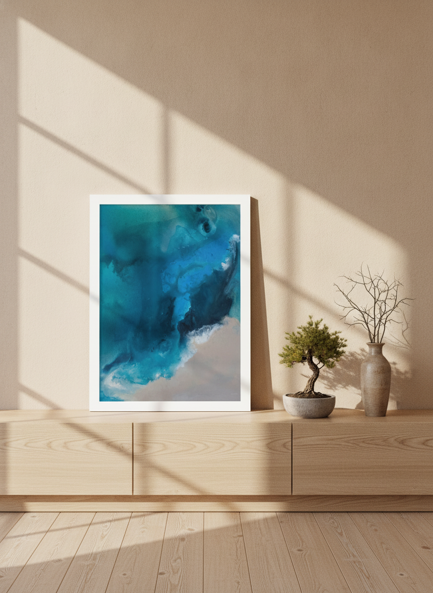 Modern wall art print standing on a sideboard in a warm Japandi bedroom