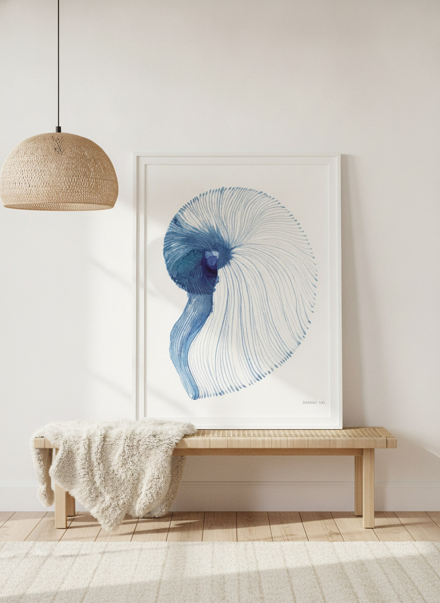 Modern wall art print standing on a bench in a bright Scandinavian bedroom