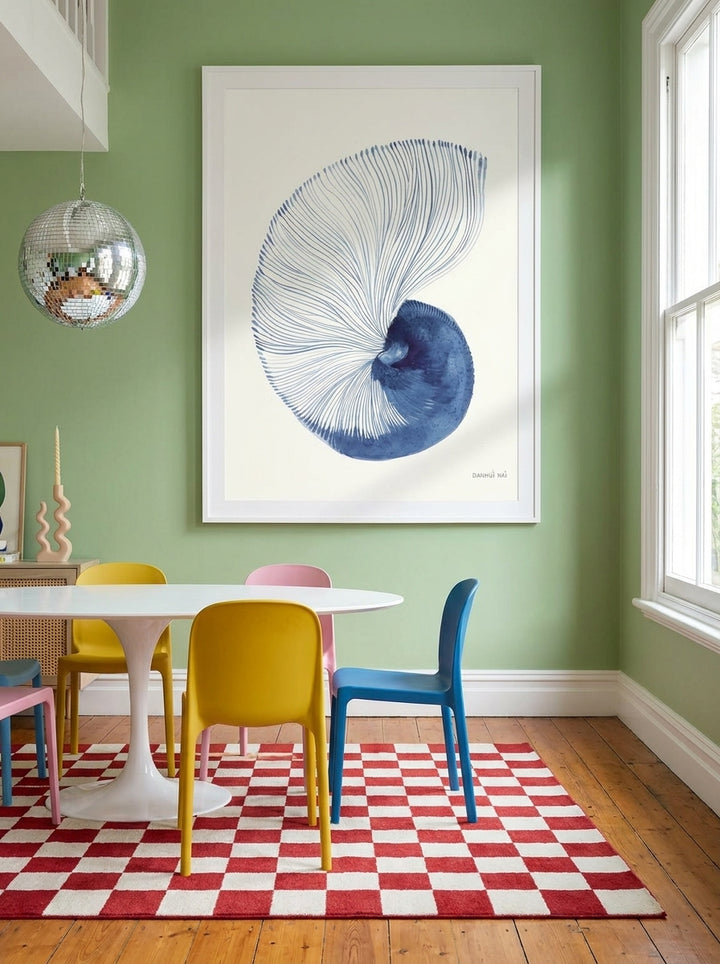 Oversized statement modern wall art print styled on the wall in a colourful eclectic dining room