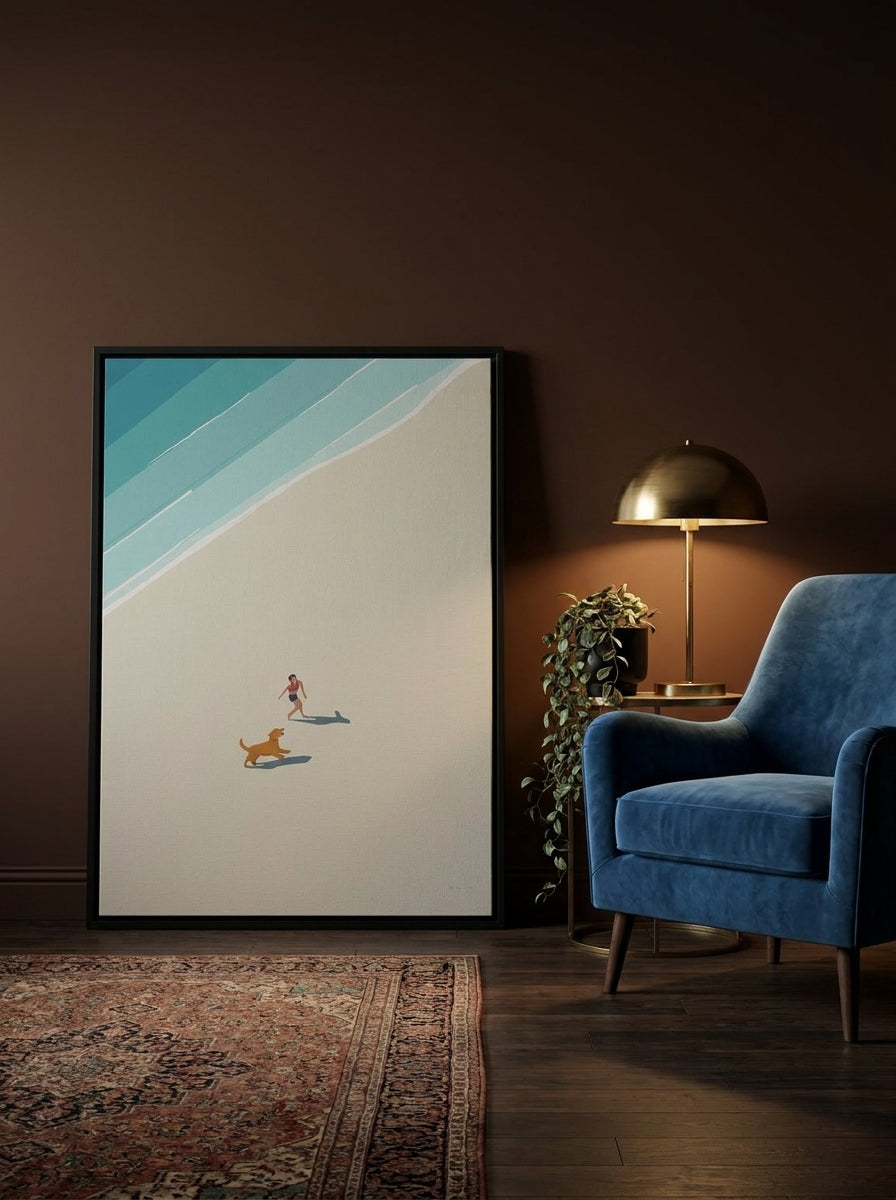 Canvas wall art with a black surround leaning against the wall in a moody home office