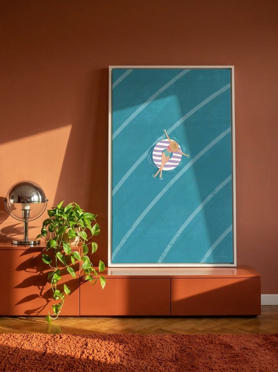 Canvas wall art with a white surround standing on a sideboard in a retro 70s bedroom