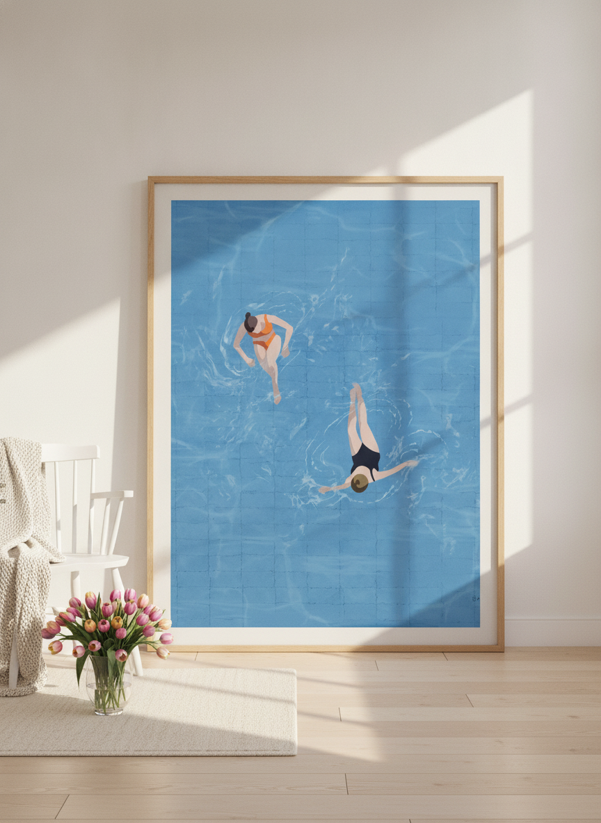Oversized statement modern wall art print leaning against the wall in a bright Scandinavian bedroom