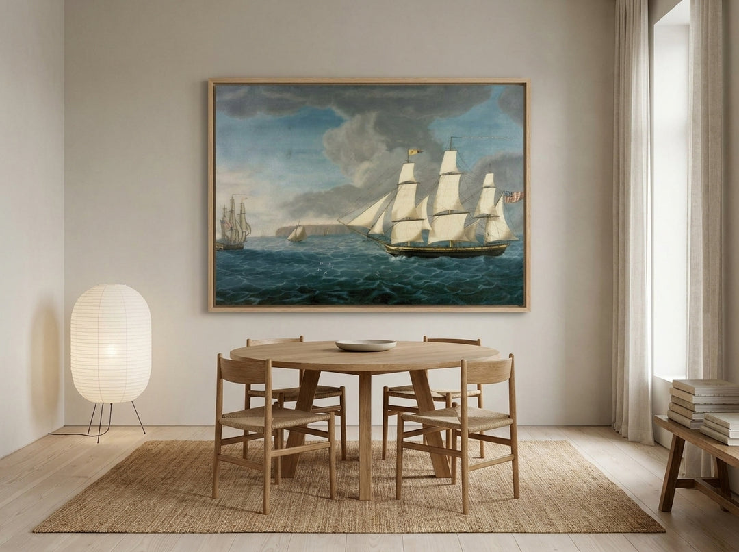 Oversized statement canvas wall art with a natural timber surround styled on the wall in a warm Japandi dining room