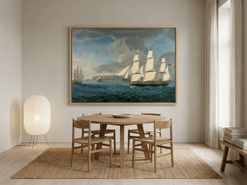 Oversized statement canvas wall art with a natural timber surround styled on the wall in a warm Japandi dining room
