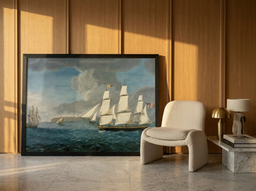 Oversized statement modern wall art print leaning against the wall in a luxe dining room