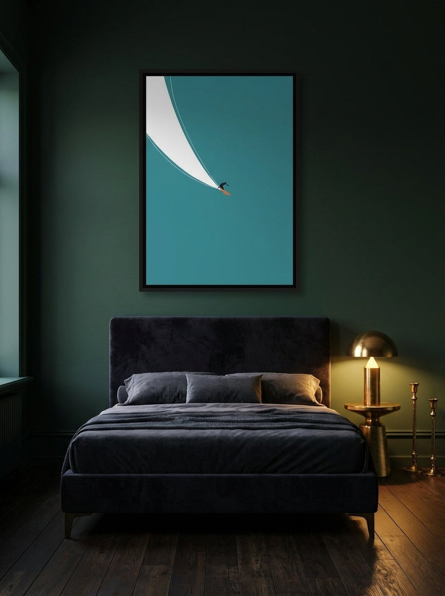Canvas wall art with a black surround styled on the wall in a moody bedroom