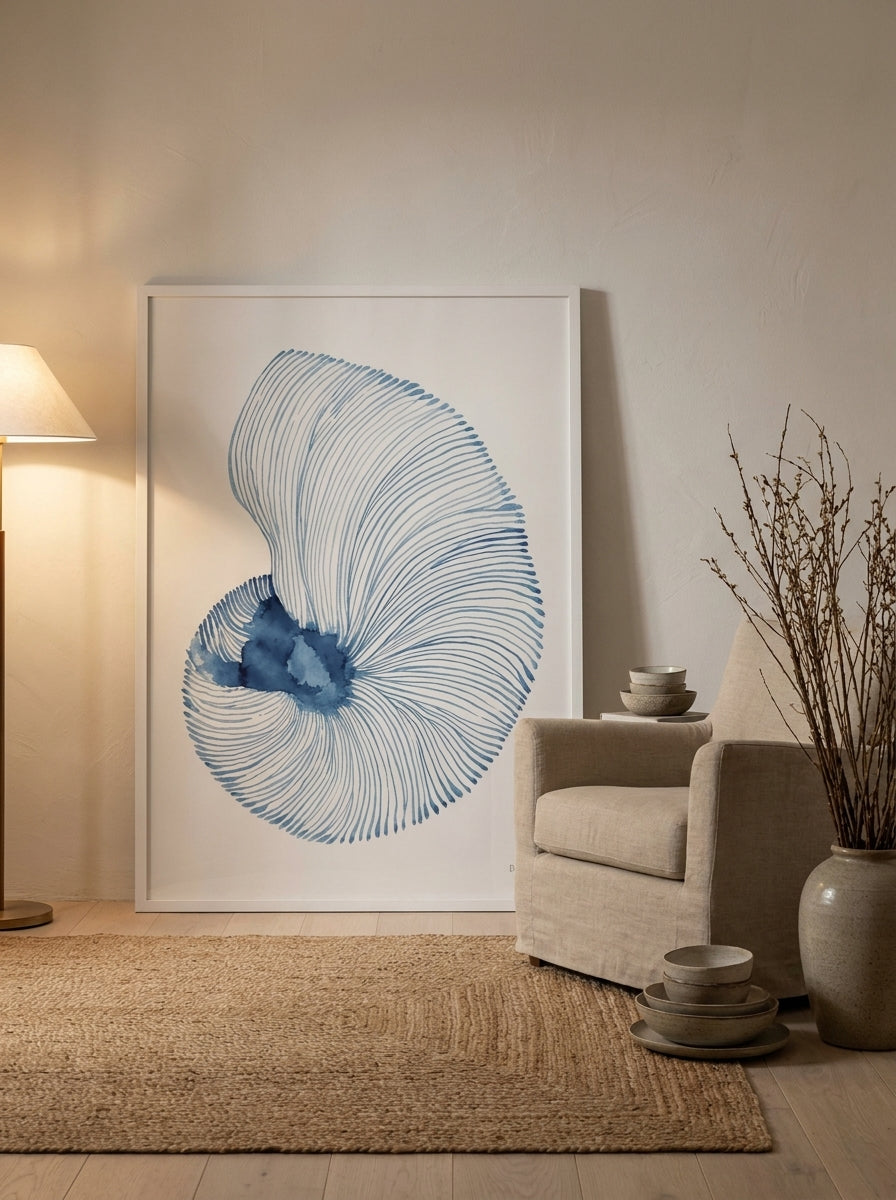 Oversized statement modern wall art print leaning against the wall in a warm Japandi living room