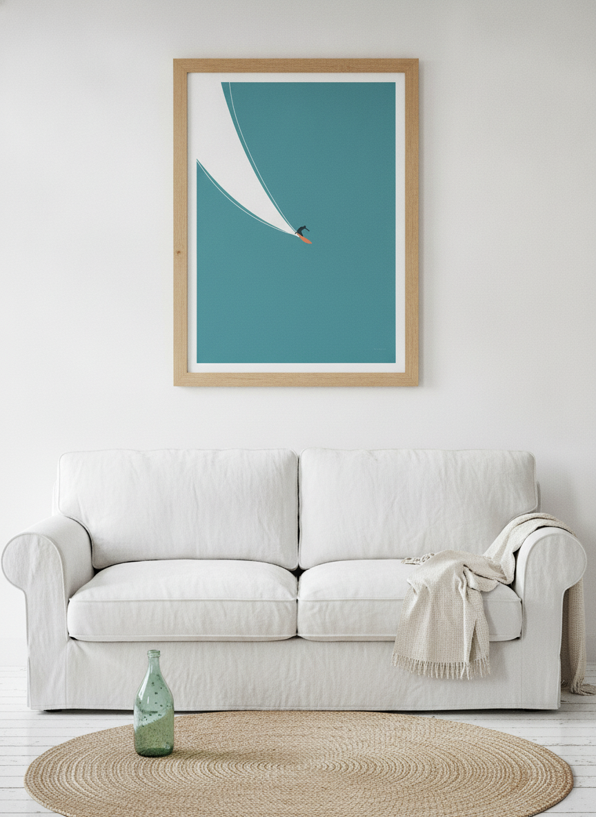 Modern wall art print styled on the wall in a coastal living room