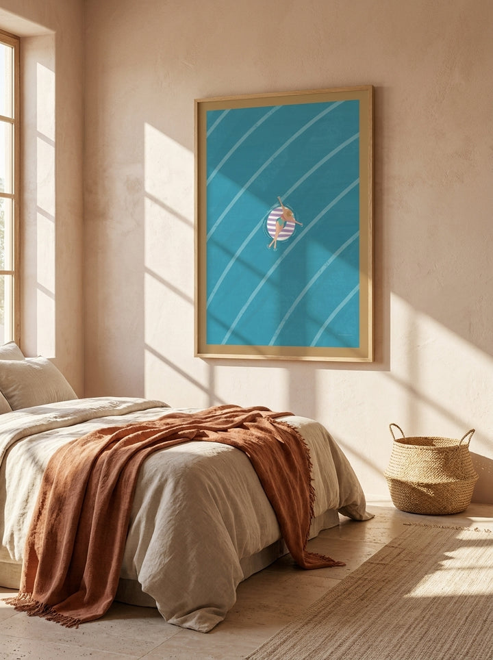Modern wall art print styled on the wall in a Mediterranean bedroom