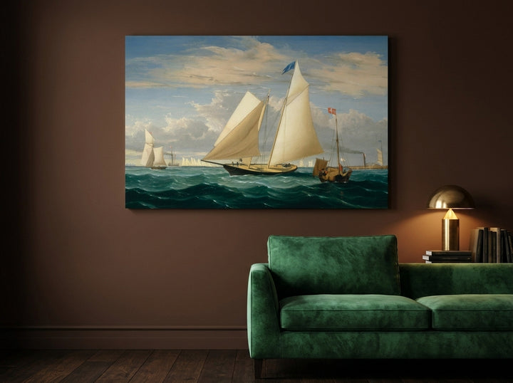 Stretched canvas wall art styled on the wall in a moody living room