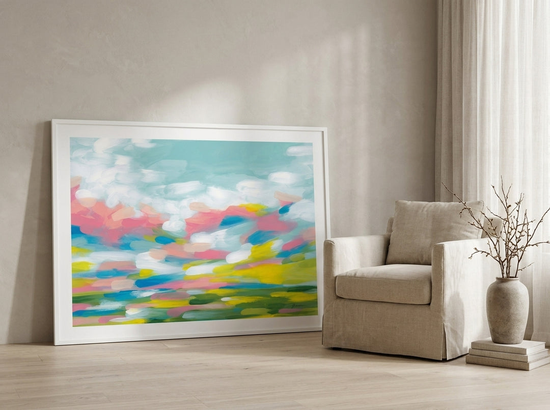 Oversized statement modern wall art print leaning against the wall in a warm Japandi living room