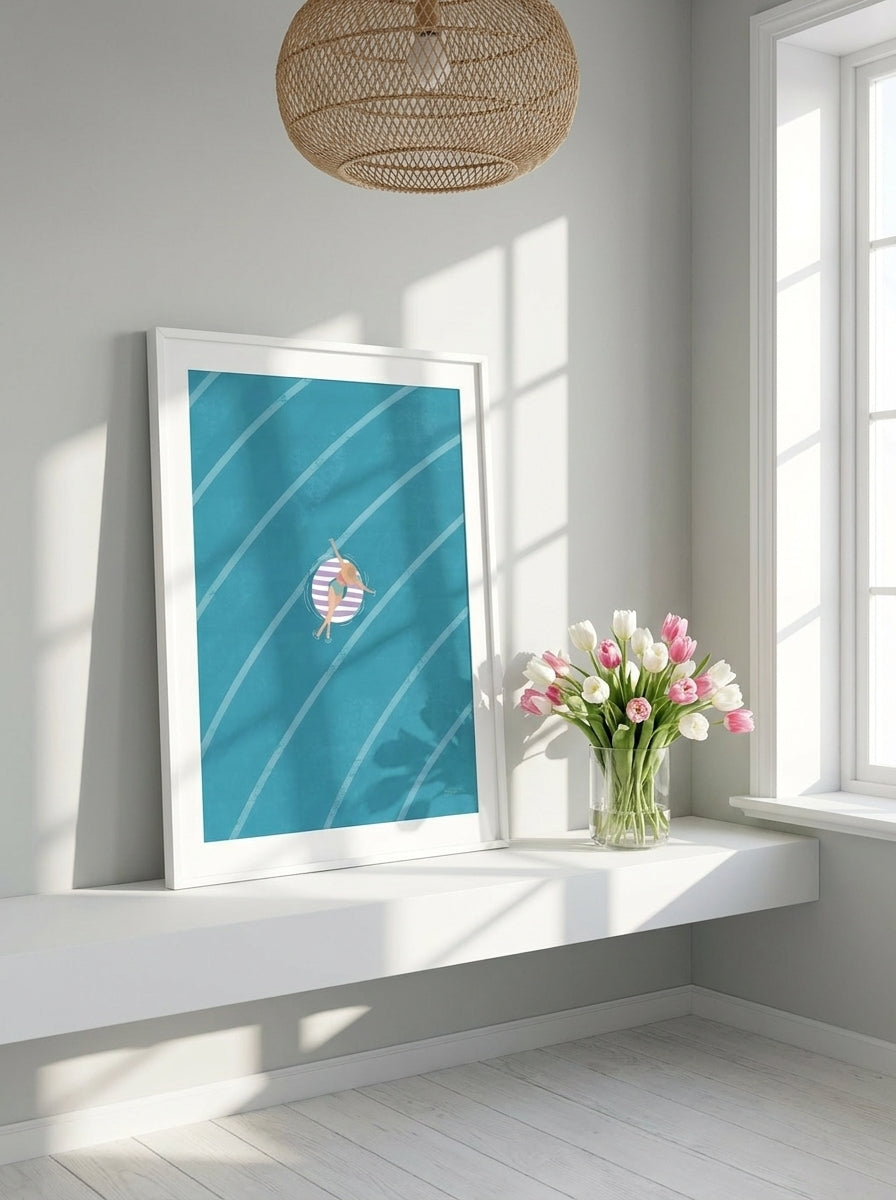 Modern wall art print standing on a shelf in a bright Scandinavian bathroom