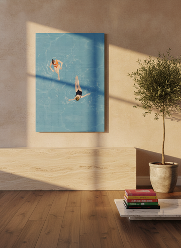 Stretched canvas wall art styled on the wall in a luxe living room