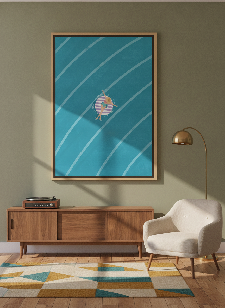 Oversized statement canvas wall art with a natural timber surround styled on the wall in a mid-century living room
