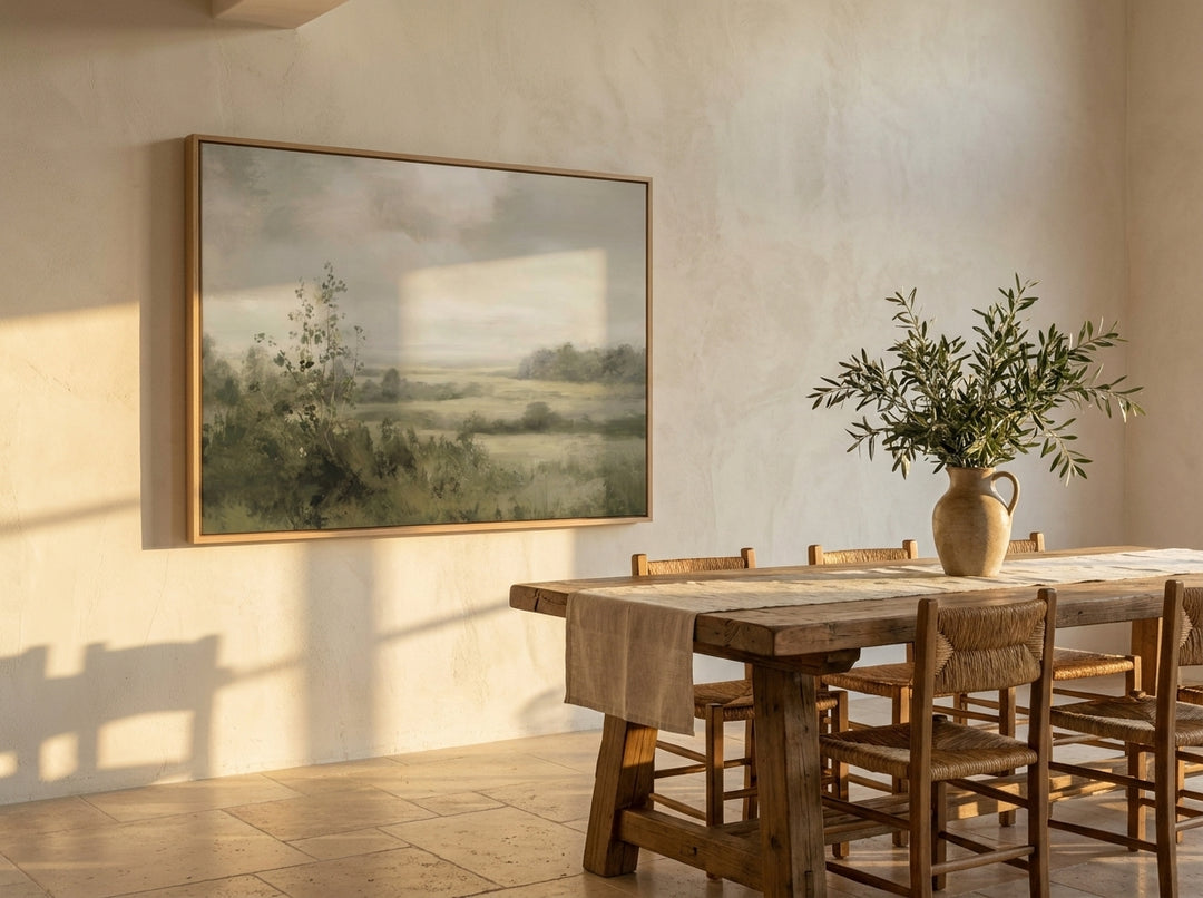 Oversized statement modern wall art print styled on the wall in a Mediterranean dining room