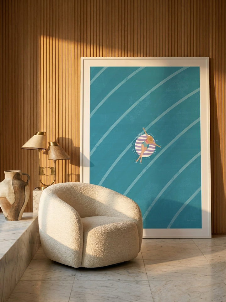 Oversized statement modern wall art print leaning against the wall in a luxe dining room