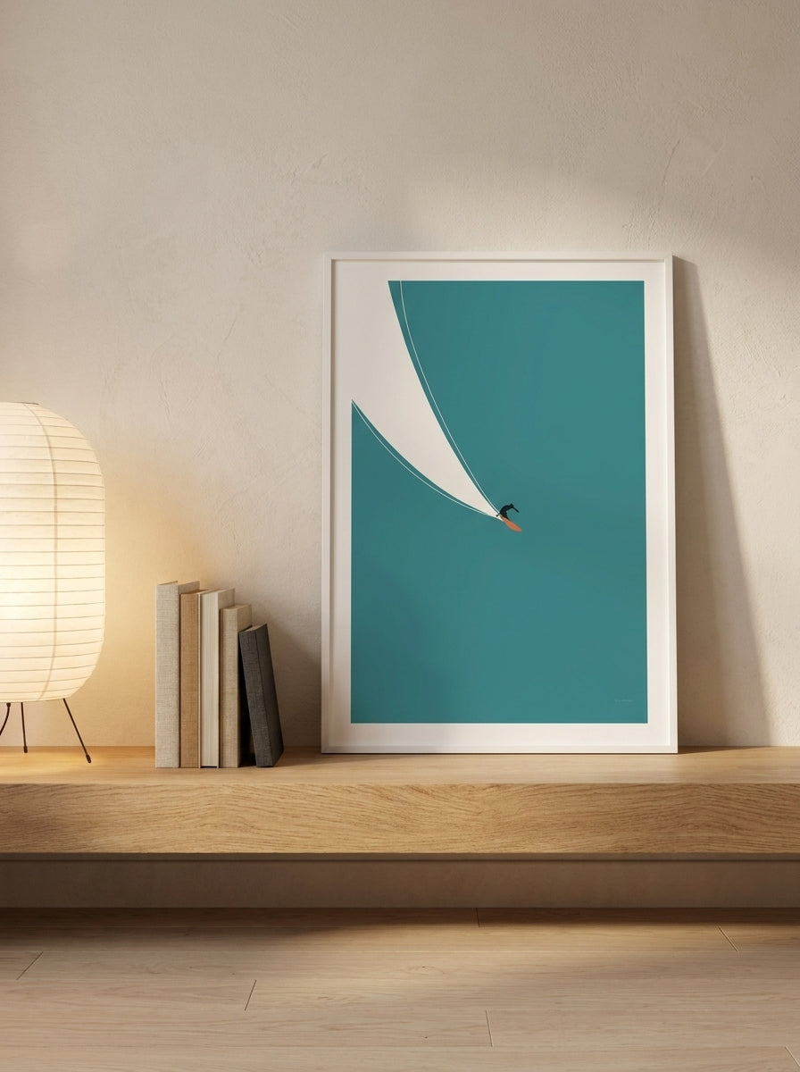 Modern wall art print standing on a shelf in a warm Japandi home office